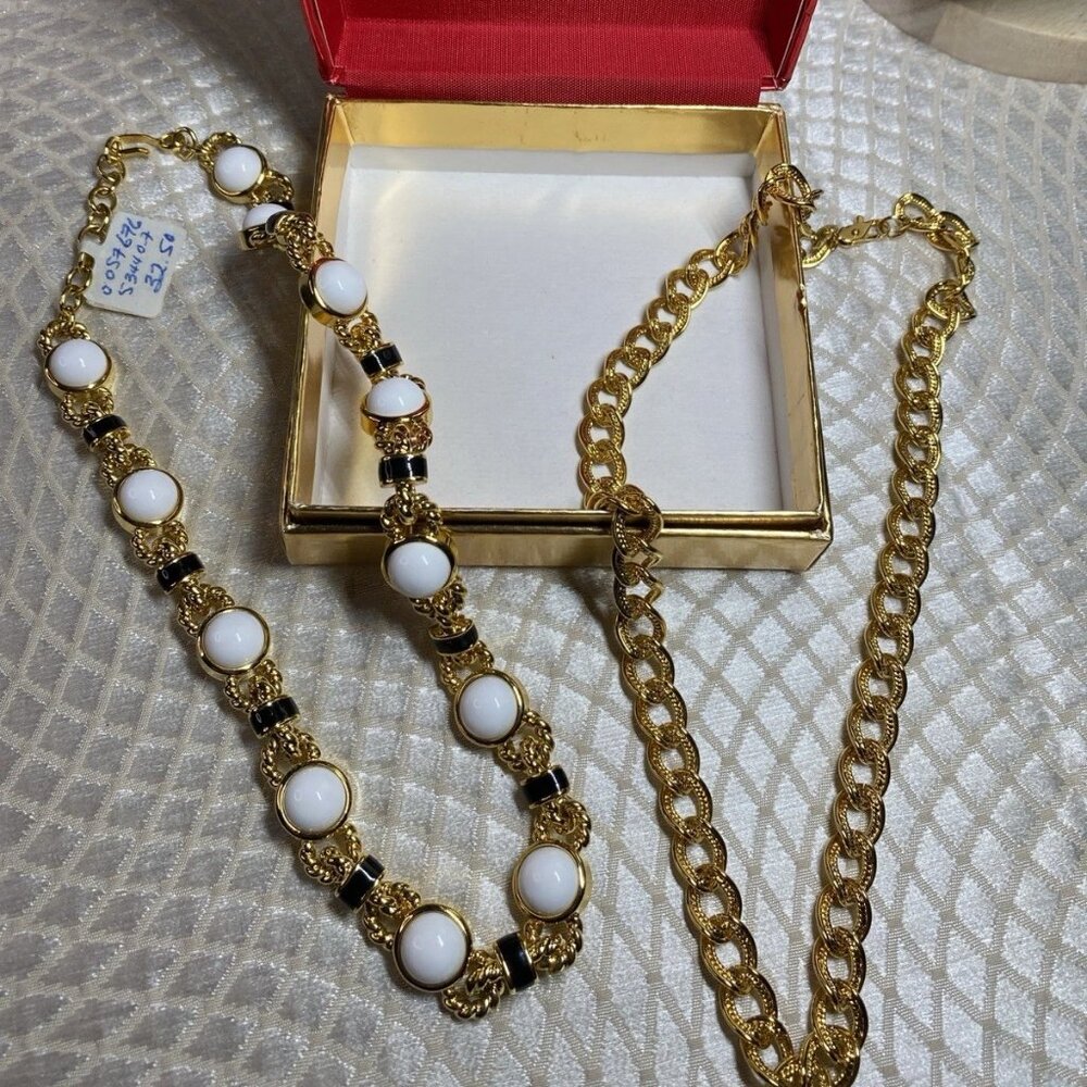 Vintage Monet Necklace Set, Two 17” Gold Tone Chains, Original Box, c. 1980s